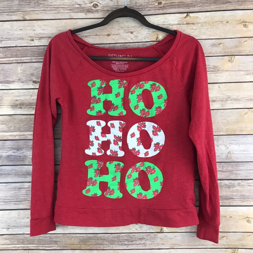 Fifth Sun Top Womens M Red Ho Ho Ho Graphic T-Shirt Boat Neck Long Sleeve Knit